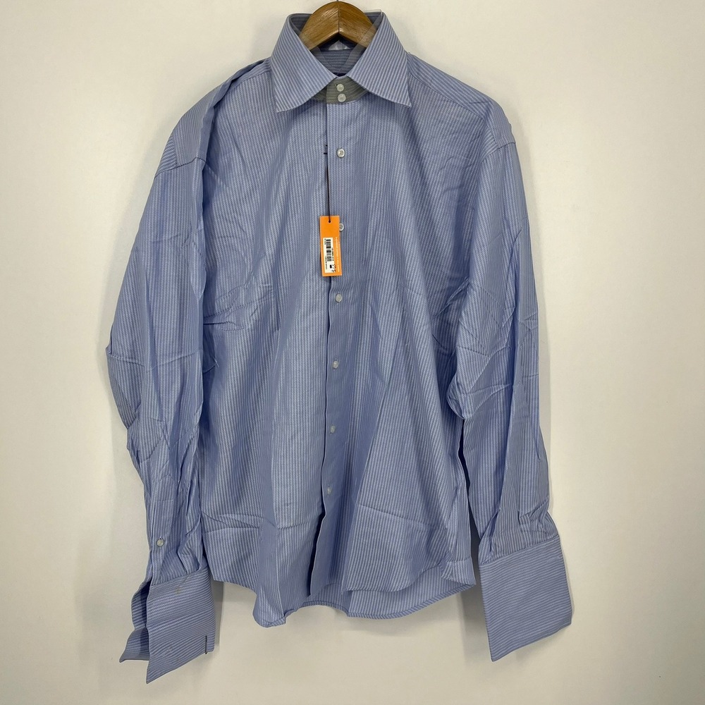 Kuhlman Mens Blue Herringbone 80s Two Fold Cotton French Cuff Dress Shirt 43 NEW